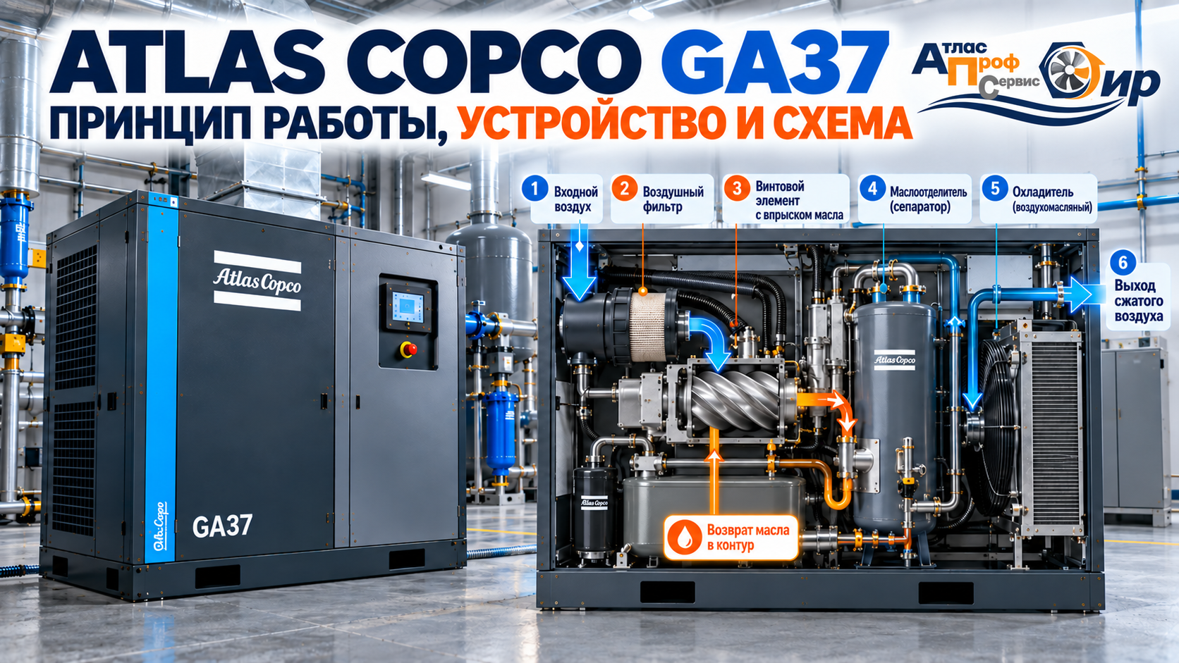 Принцип работы компрессора Atlas Copco GA37